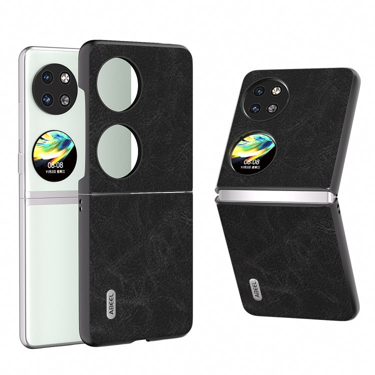 Black PU litchi-texture flip phone case with two oval cutouts, front and back shown