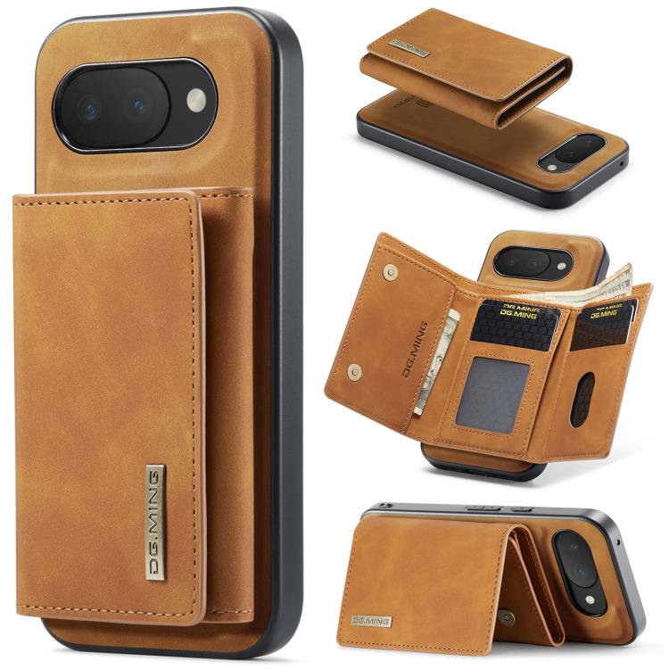 Tan 3-fold multi-card wallet magnetic phone case with card slots and flap