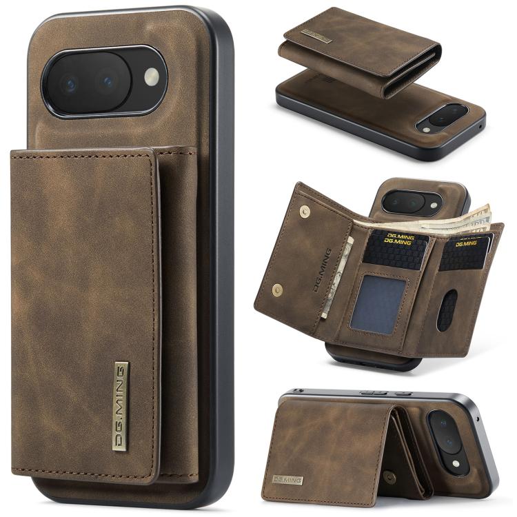 Brown 3-fold multi-card wallet magnetic phone case with card slots and flap