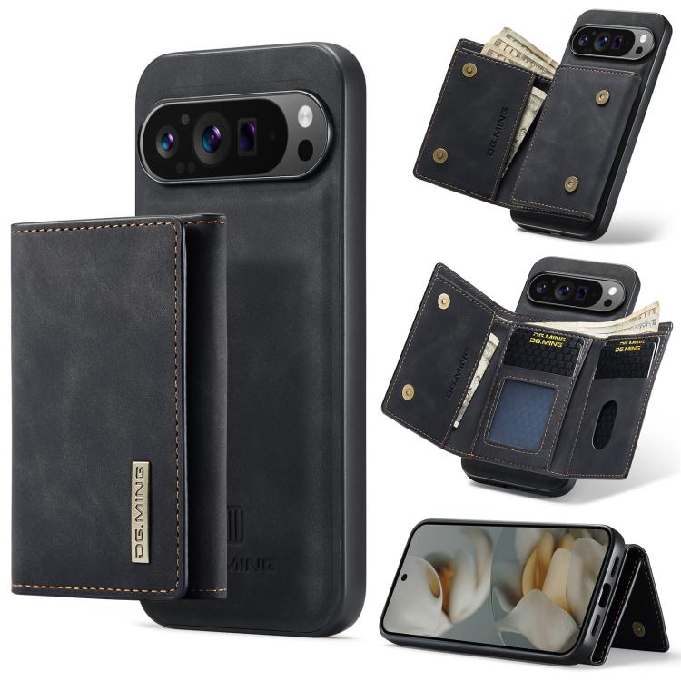Black 3-fold multi-card wallet magnetic phone case with front card window