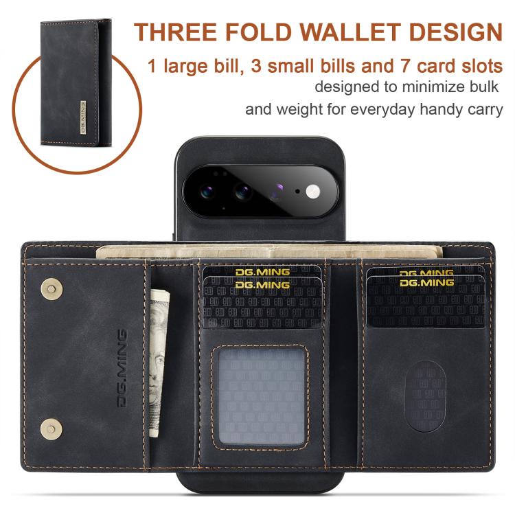 Three-fold card wallet phone case with card slots, black with stitched edges