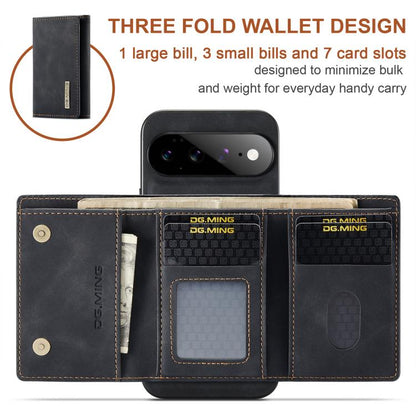 Three-fold card wallet phone case with card slots, black with stitched edges