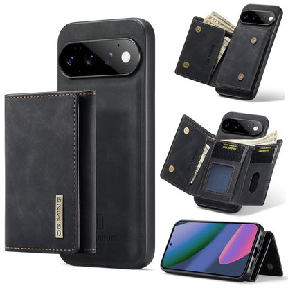 Black folding phone case with 3-card wallet and magnetic back, shown with cards and cash