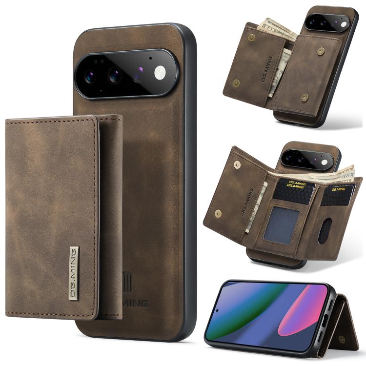 Coffee folding phone case with 3-card wallet and magnetic back, shown with cards and cash