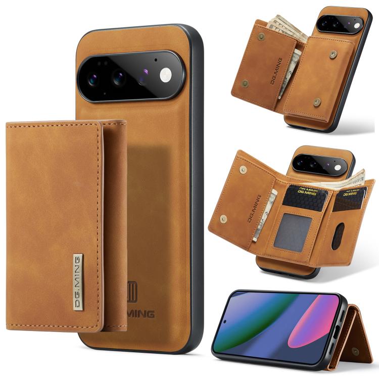 Brown folding phone case with 3-card wallet and magnetic back, shown opened with cards