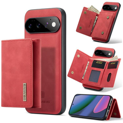 Red folding phone case with 3-card wallet and magnetic back, shown opened with cards