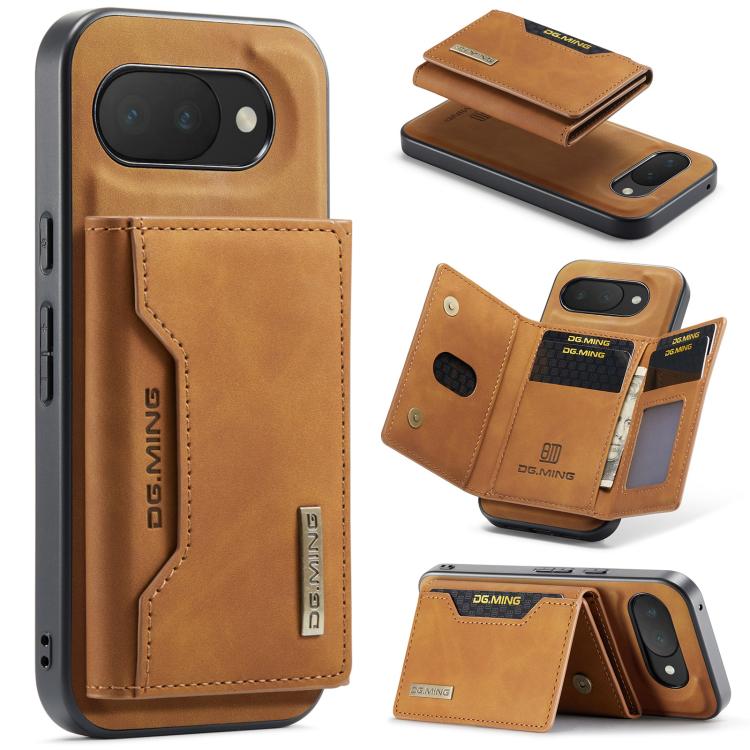 Magnetic 3-fold phone case with multi card slots, tan/brown leather-look wallet
