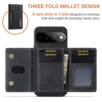 Black tri-fold wallet-style phone case with multiple card slots and photo window