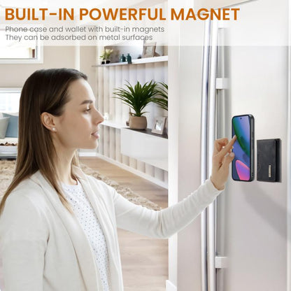 Black magnetic wallet phone case held against a wall for hands-free use