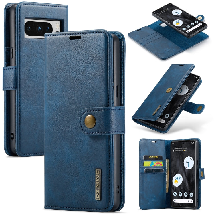 Blue crazy horse texture leather phone case with detachable magnetic cover and card slot