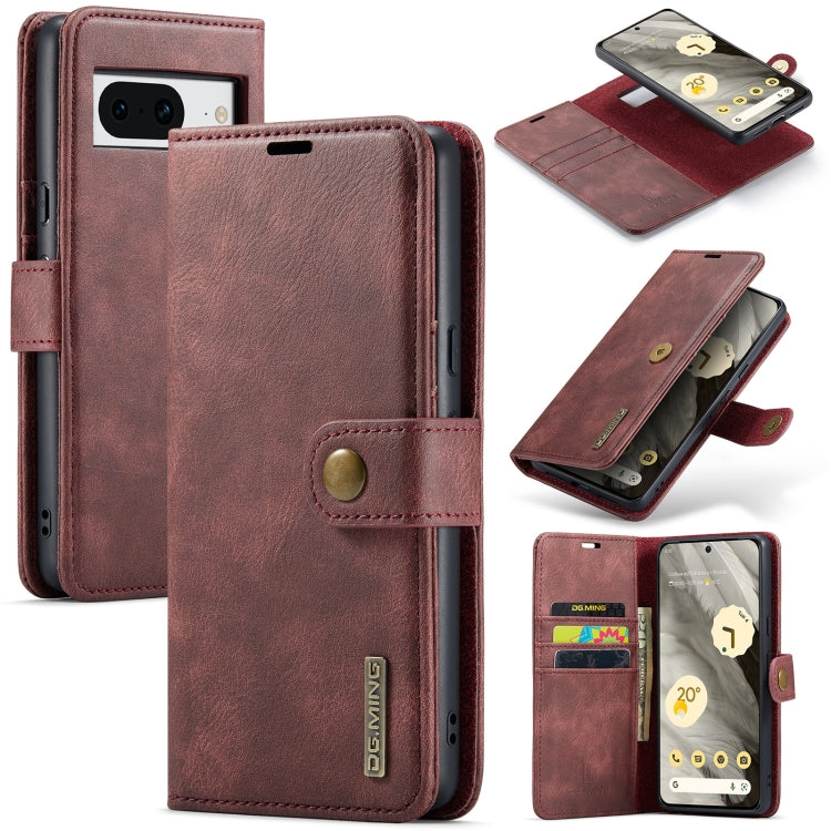 Red crazy horse texture leather phone case with detachable magnetic cover and card slot