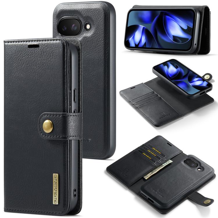 Detachable magnetic leather phone case with wallet flap, black, shown open and closed
