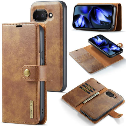 Detachable magnetic leather phone case with wallet flap, tan, shown open and closed