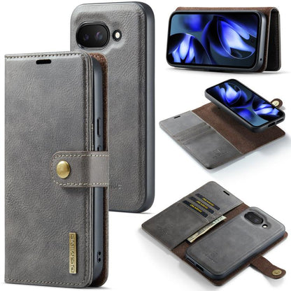 Detachable magnetic leather phone case with wallet flap, grey, shown open and closed