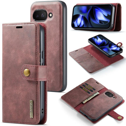 Detachable magnetic leather phone case with wallet flap, red, shown open and closed