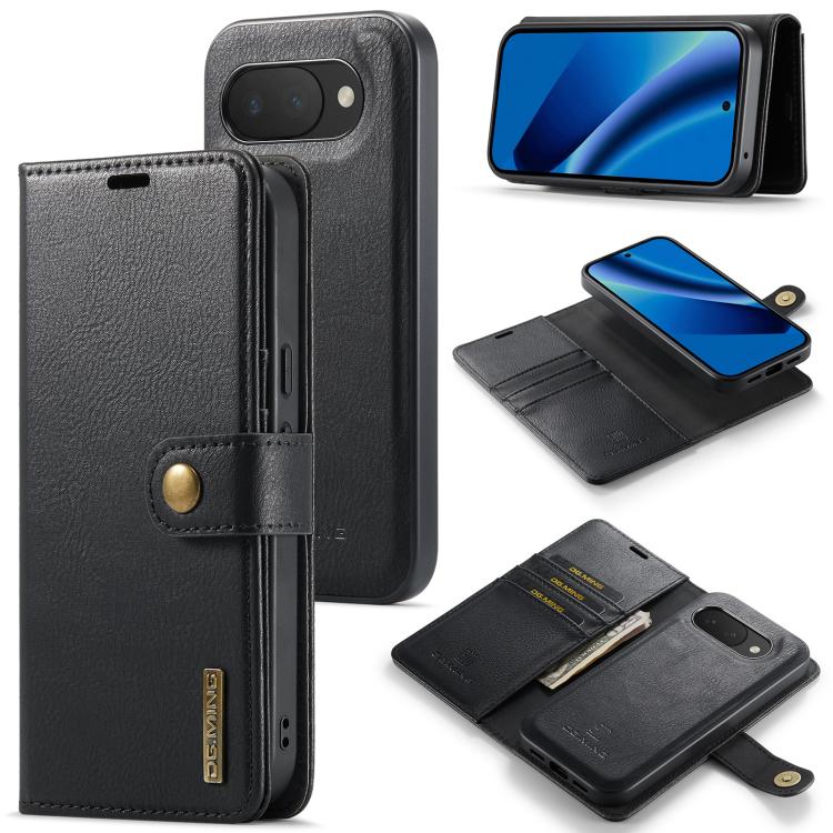 Black leather phone wallet case with magnetic detachable cover and card holder slots