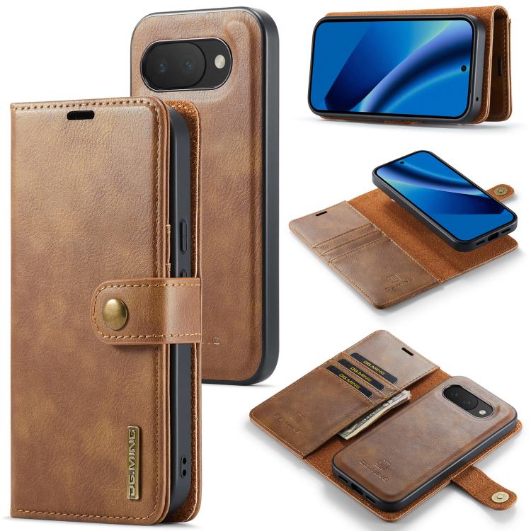 Brown leather phone wallet case with magnetic detachable front cover and card slots