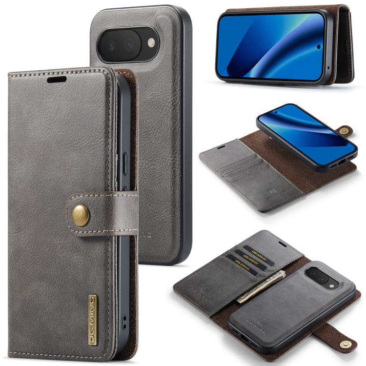 Grey leather phone wallet case with magnetic detachable cover and card holder slots
