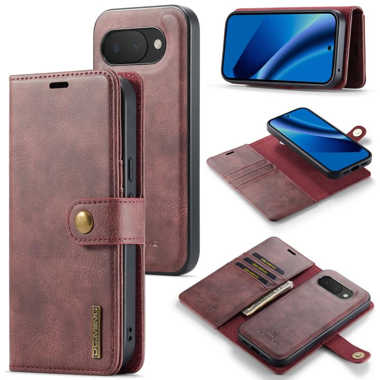 Red leather phone wallet case with magnetic detachable cover and card slots