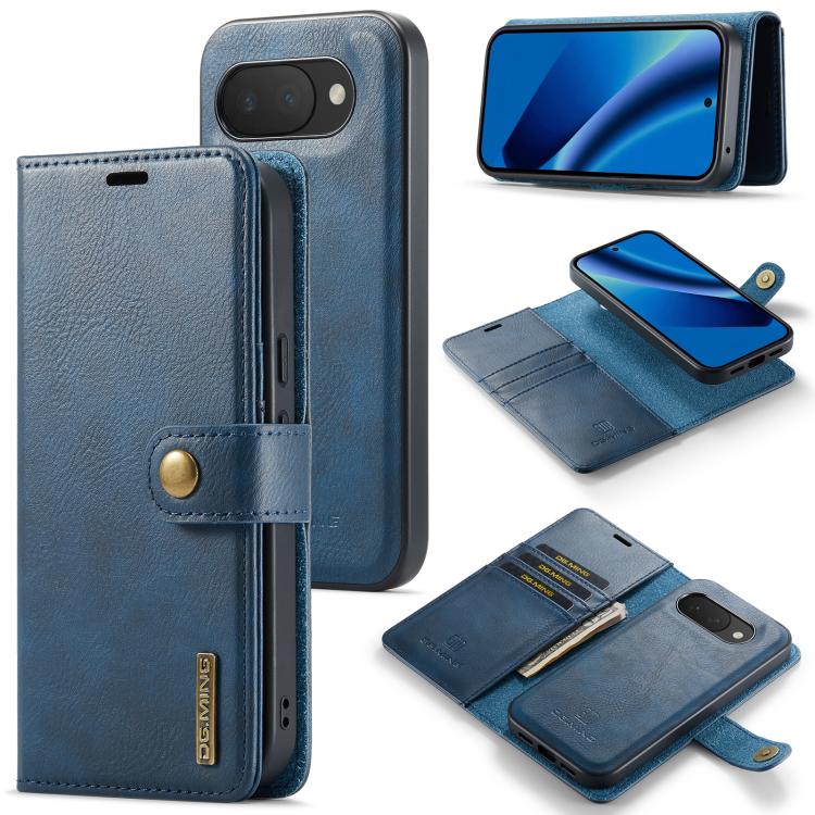 Blue leather phone wallet case with magnetic detachable front cover and card slots