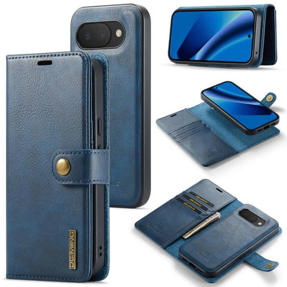 Blue leather phone wallet case with magnetic detachable front cover and card slots
