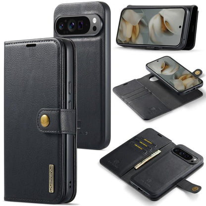 Black leather phone wallet case with magnetic detachable cover and card holder slots