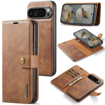 Brown leather phone wallet case with magnetic detachable front cover and card slots