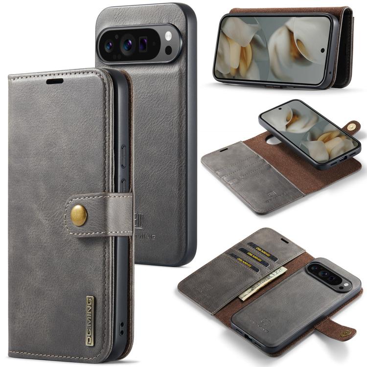 Grey leather phone wallet case with magnetic detachable cover and card holder slots