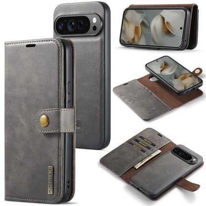 Grey leather phone wallet case with magnetic detachable cover and card holder slots