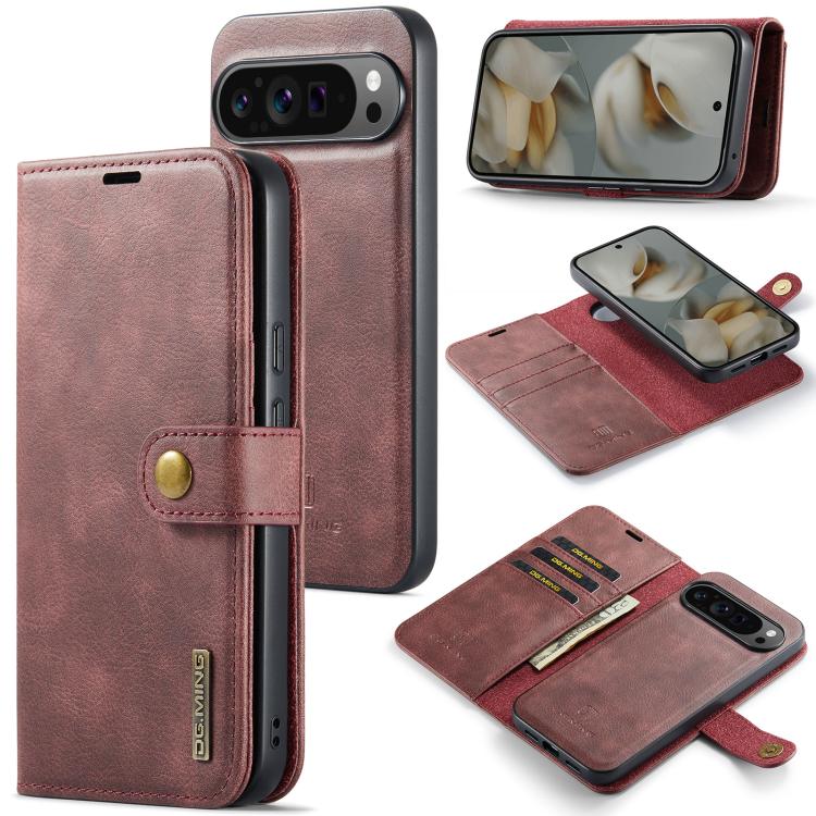 Red leather phone wallet case with magnetic detachable cover and card slots
