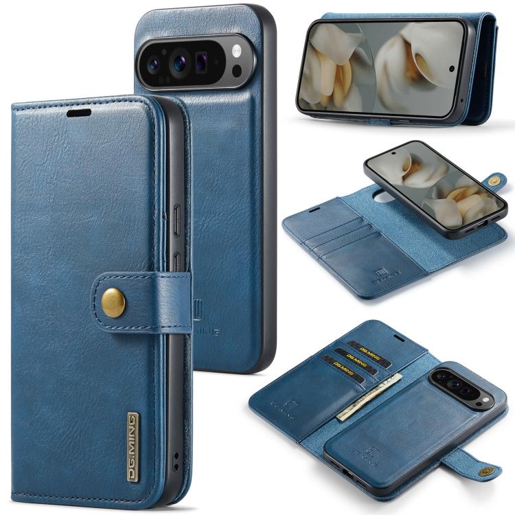 Detachable magnetic leather phone case with wallet flap, blue, for smartphone