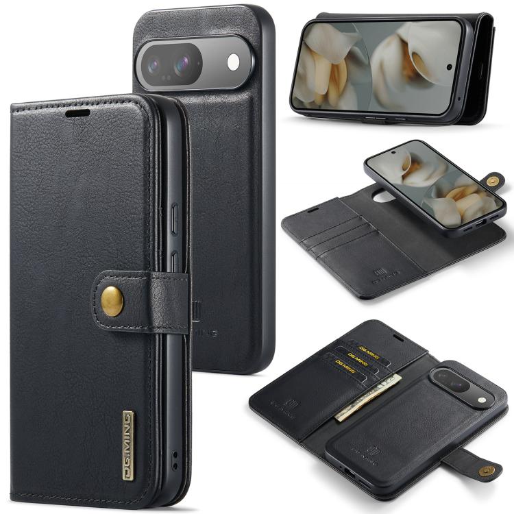 Detachable magnetic leather phone case with wallet flap, black, for smartphone