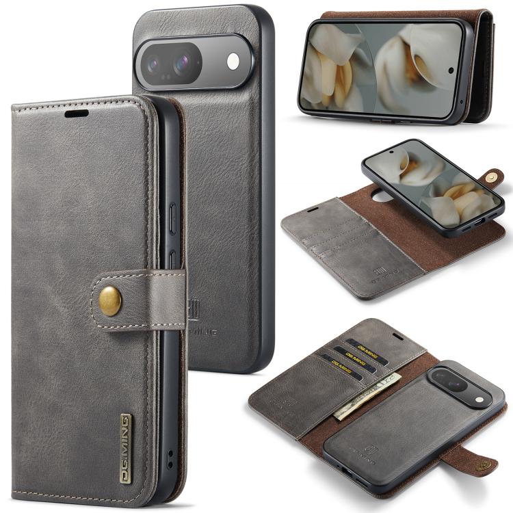 Detachable magnetic leather phone case with wallet flap, grey, for smartphone