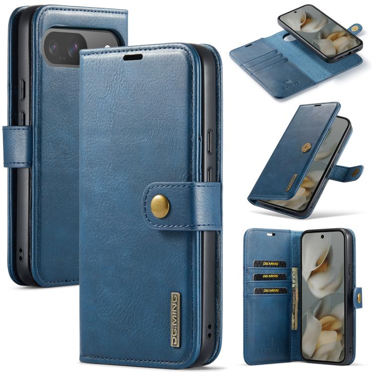 Detachable magnetic leather phone case with wallet flap, blue, shown open and closed