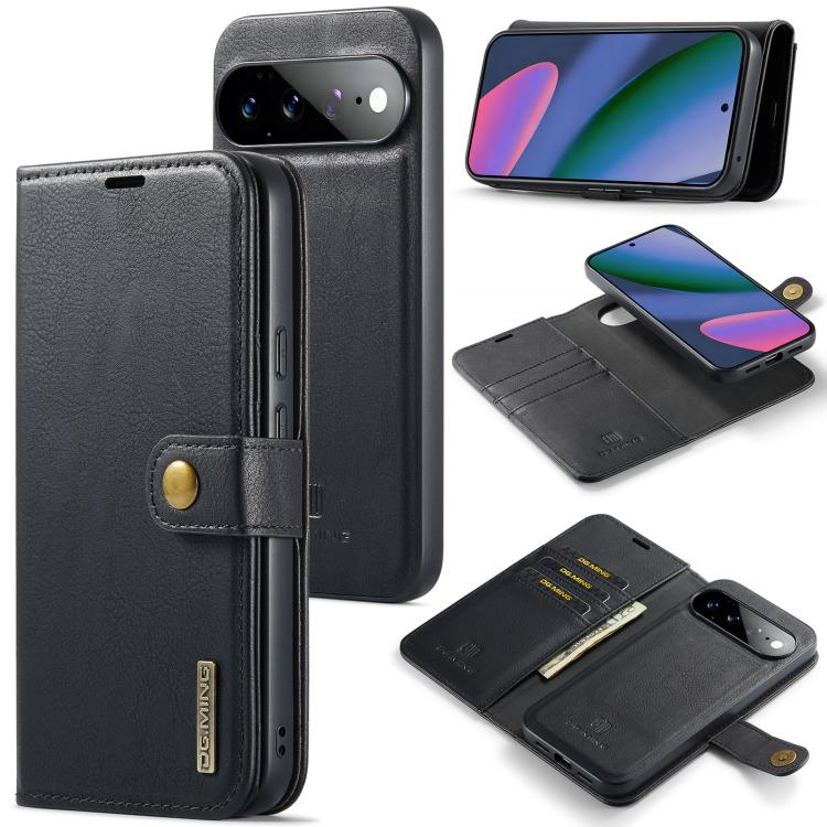 Magnetic wallet phone case with detachable cover, dark leather texture, card slots