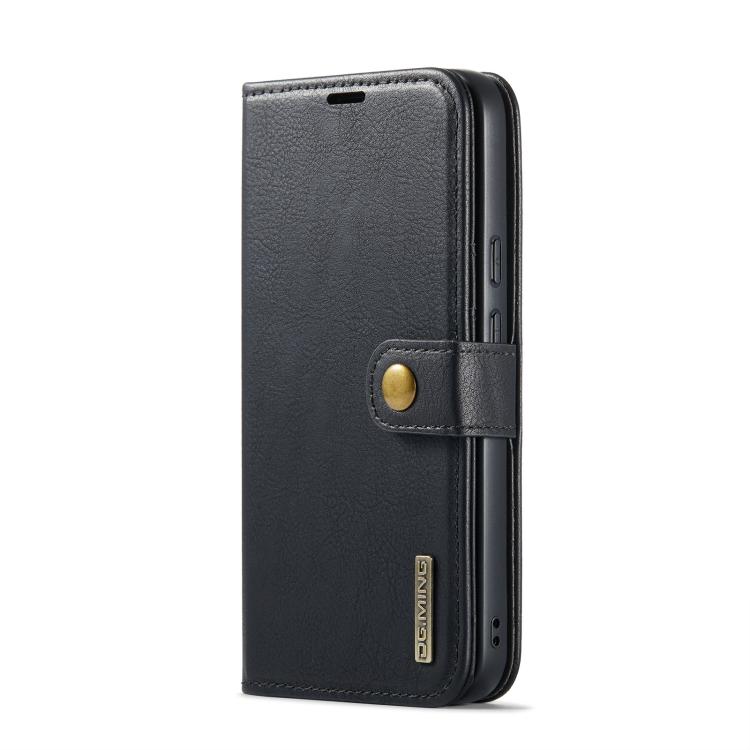 Dark leather wallet phone case with magnetic flap and gold snap, card-holder interior