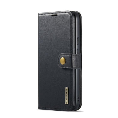 Dark leather wallet phone case with magnetic flap and gold snap, card-holder interior