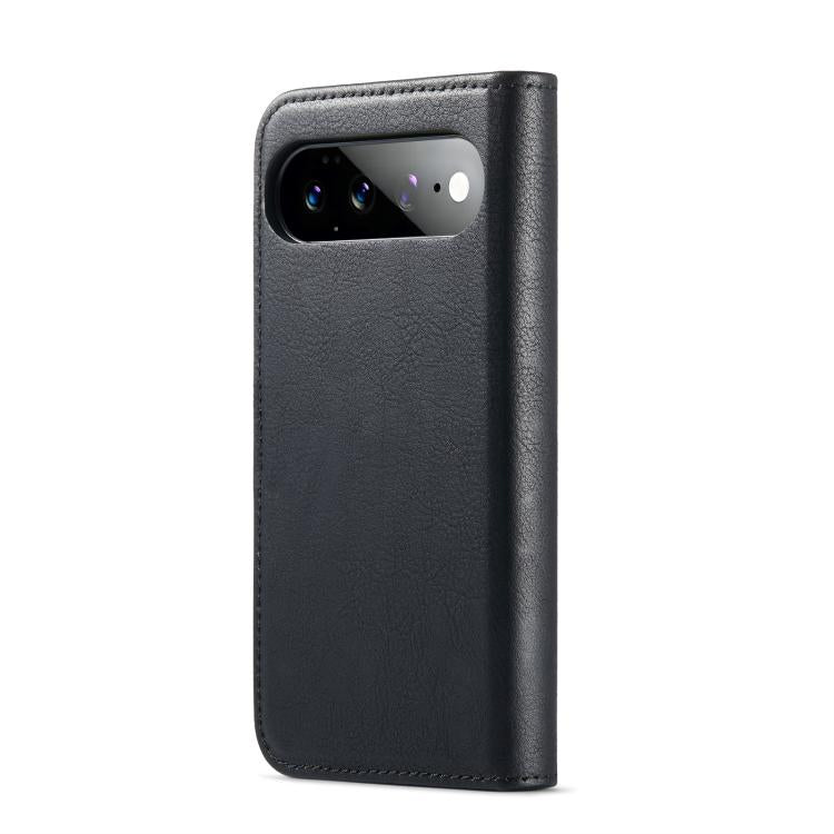 Black leather-look wallet phone case with cutout camera opening and curved magnetic flap