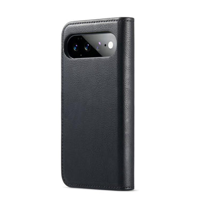 Black leather-look wallet phone case with cutout camera opening and curved magnetic flap