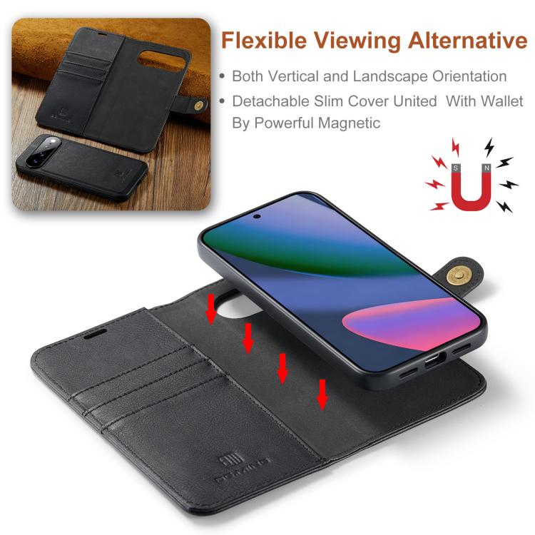 Black detachable magnetic phone wallet case with interior card slots visible