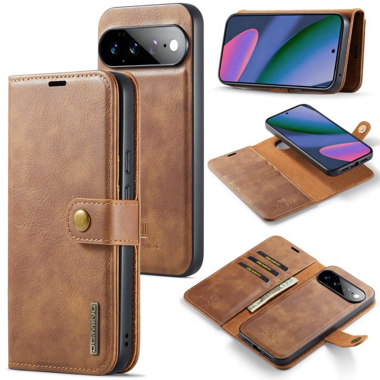 Brown magnetic wallet phone case with detachable cover, leather texture, card slots