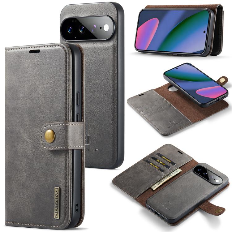 Gray leather-look magnetic wallet phone case with snap closure and card slots