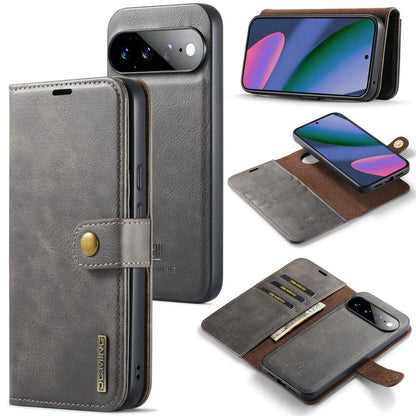 Gray leather-look magnetic wallet phone case with snap closure and card slots