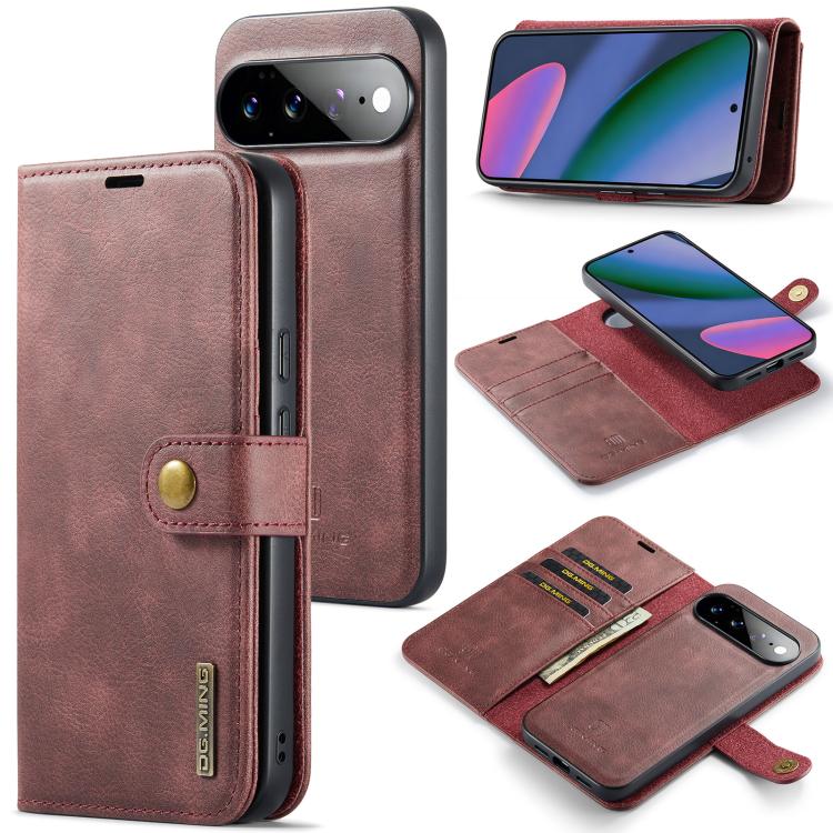 Rose red leather-look magnetic wallet phone case with detachable cover and card slots