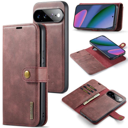 Rose red leather-look magnetic wallet phone case with detachable cover and card slots