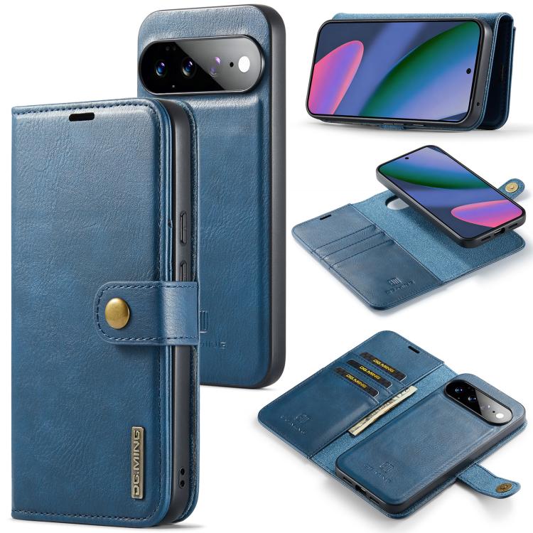 Blue Crazy Horse leather phone wallet case with magnetic detachable cover and card slots