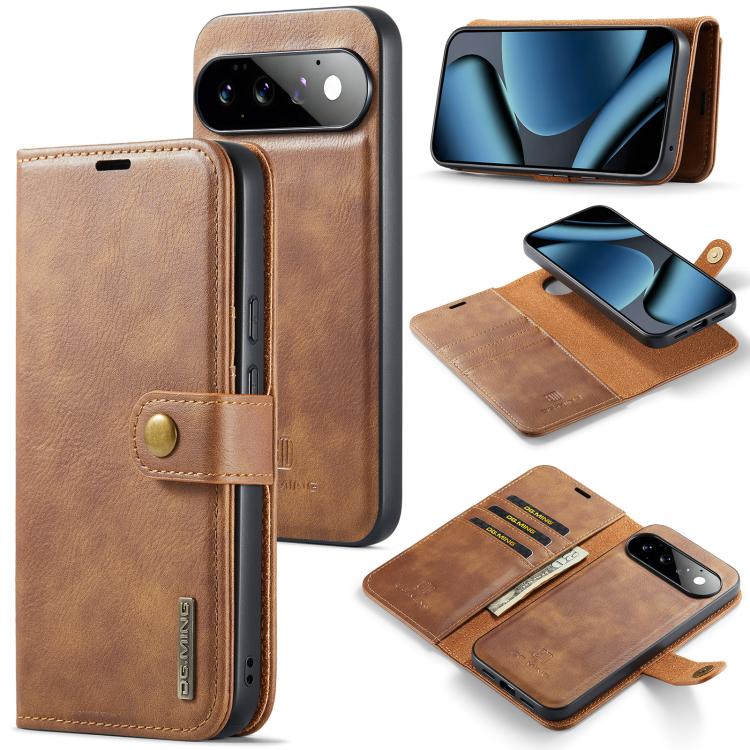 Brown Crazy Horse leather phone wallet case with magnetic closure and card slot window