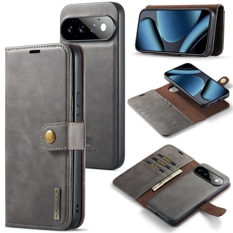 Grey Crazy Horse leather phone wallet case with magnetic closure and card slot window