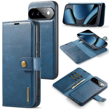 Blue leather phone wallet case with magnetic detachable front cover and card slots
