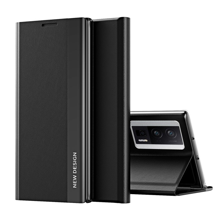 Black magnetic leather wallet phone case with open front and kickstand